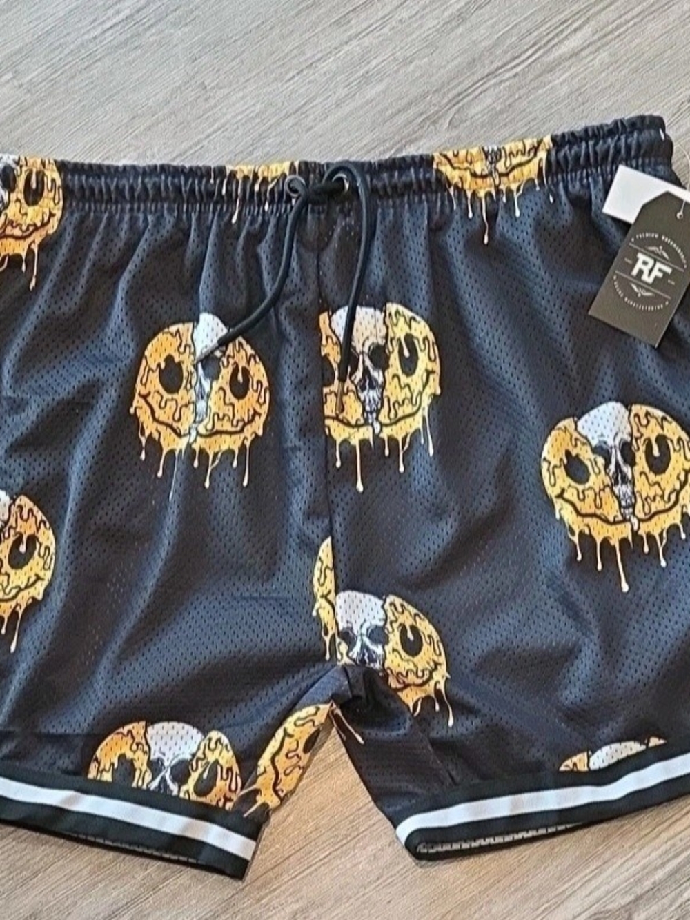Mens Black Mesh Shorts with Yellow Drip Skull Print XL